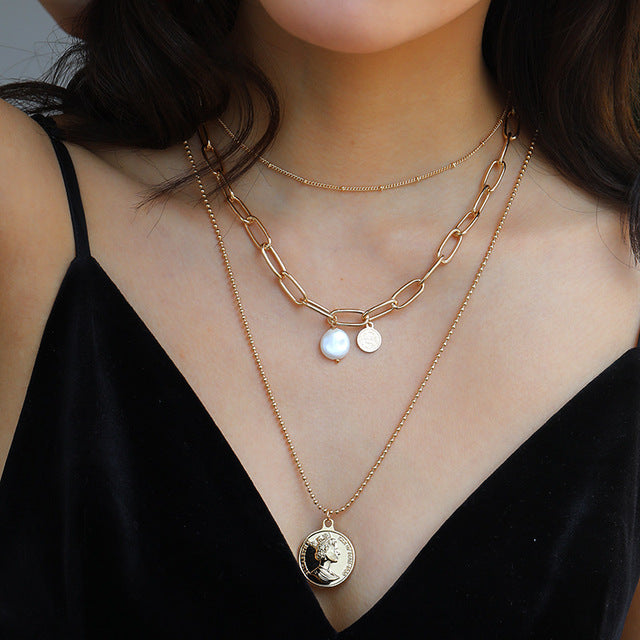 Goth Baroque Pearl Coin Portrait Pendant Necklace for Women Vintage Multi Layer Link Chain Necklace Punk Aesthetic Jewelry 2025