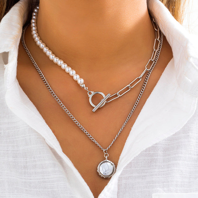 Goth Baroque Pearl Coin Portrait Pendant Necklace for Women Vintage Multi Layer Link Chain Necklace Punk Aesthetic Jewelry 2025